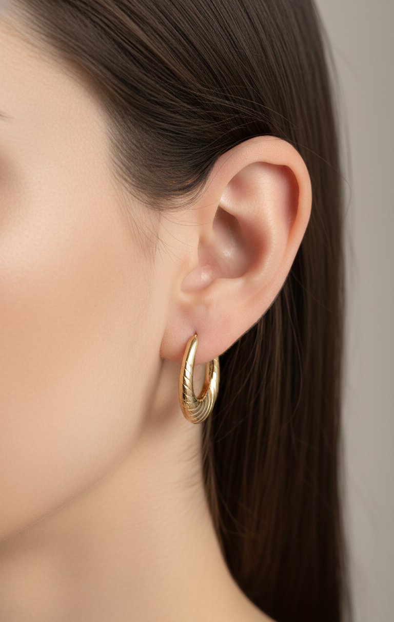Gold hoop earrings worn by a person with a neutral background