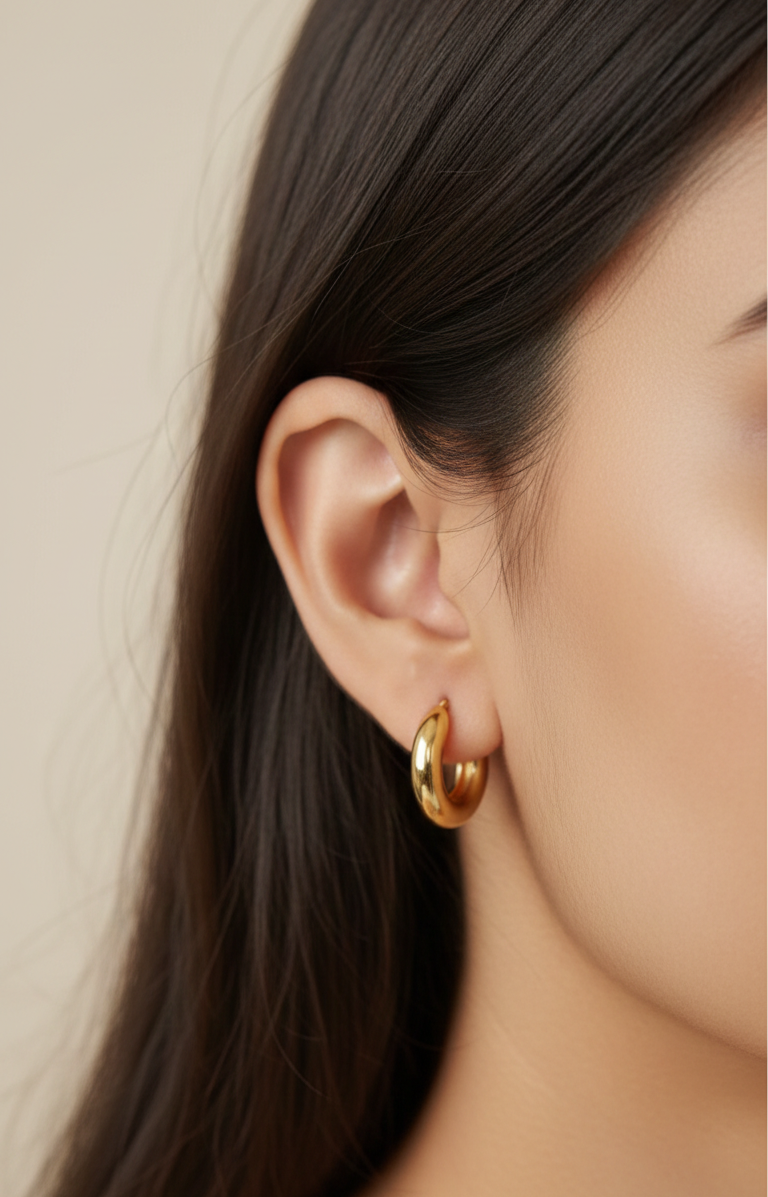 Close-up of a person wearing a gold hoop earring with a neutral background