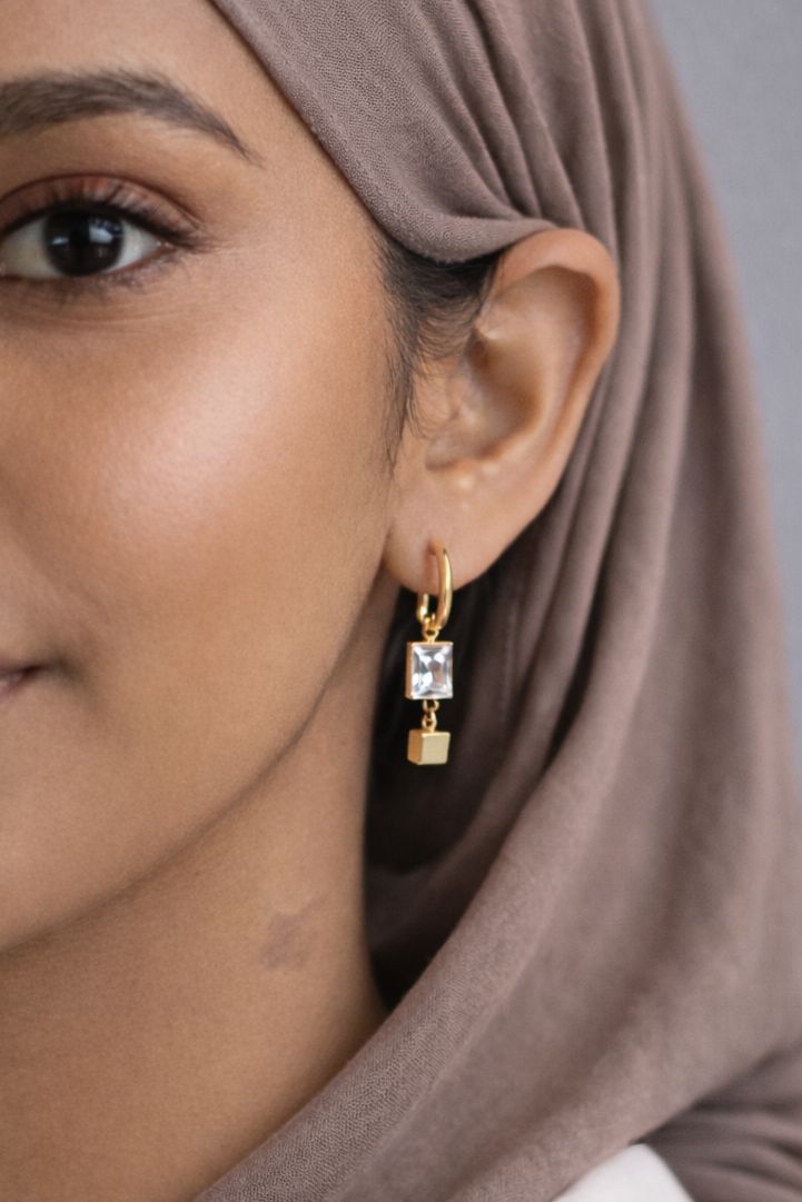 Anti Tarnish Stainless Steel Gemstone Cube Drop Earrings