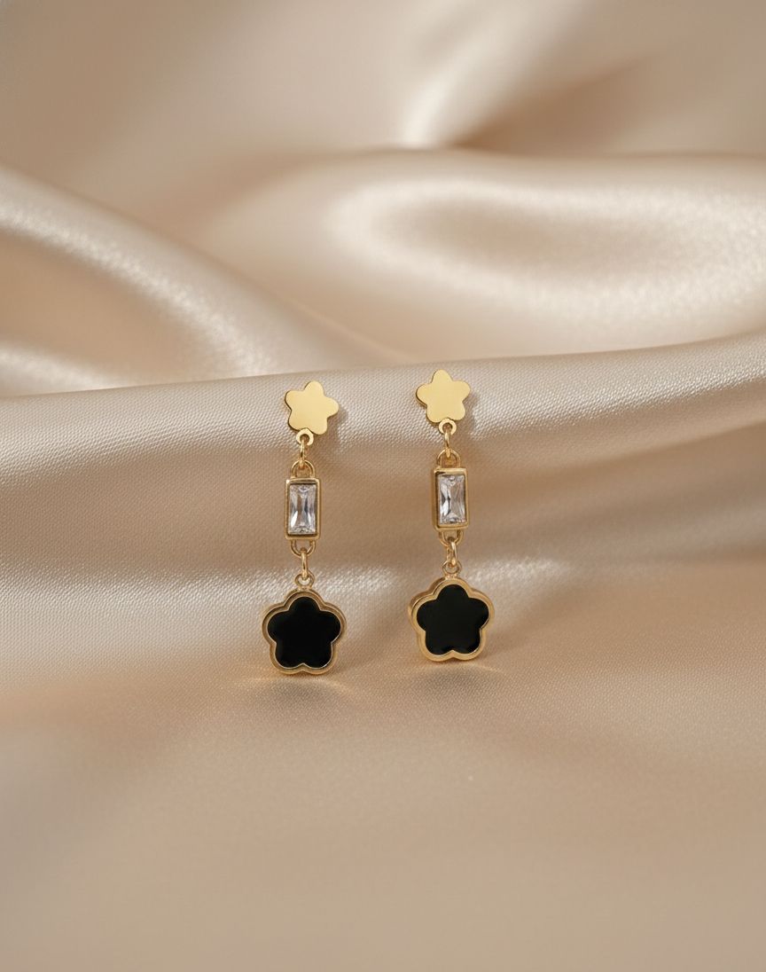 Anti Tarnish Stainless Steel Black Clover Pendant Earrings