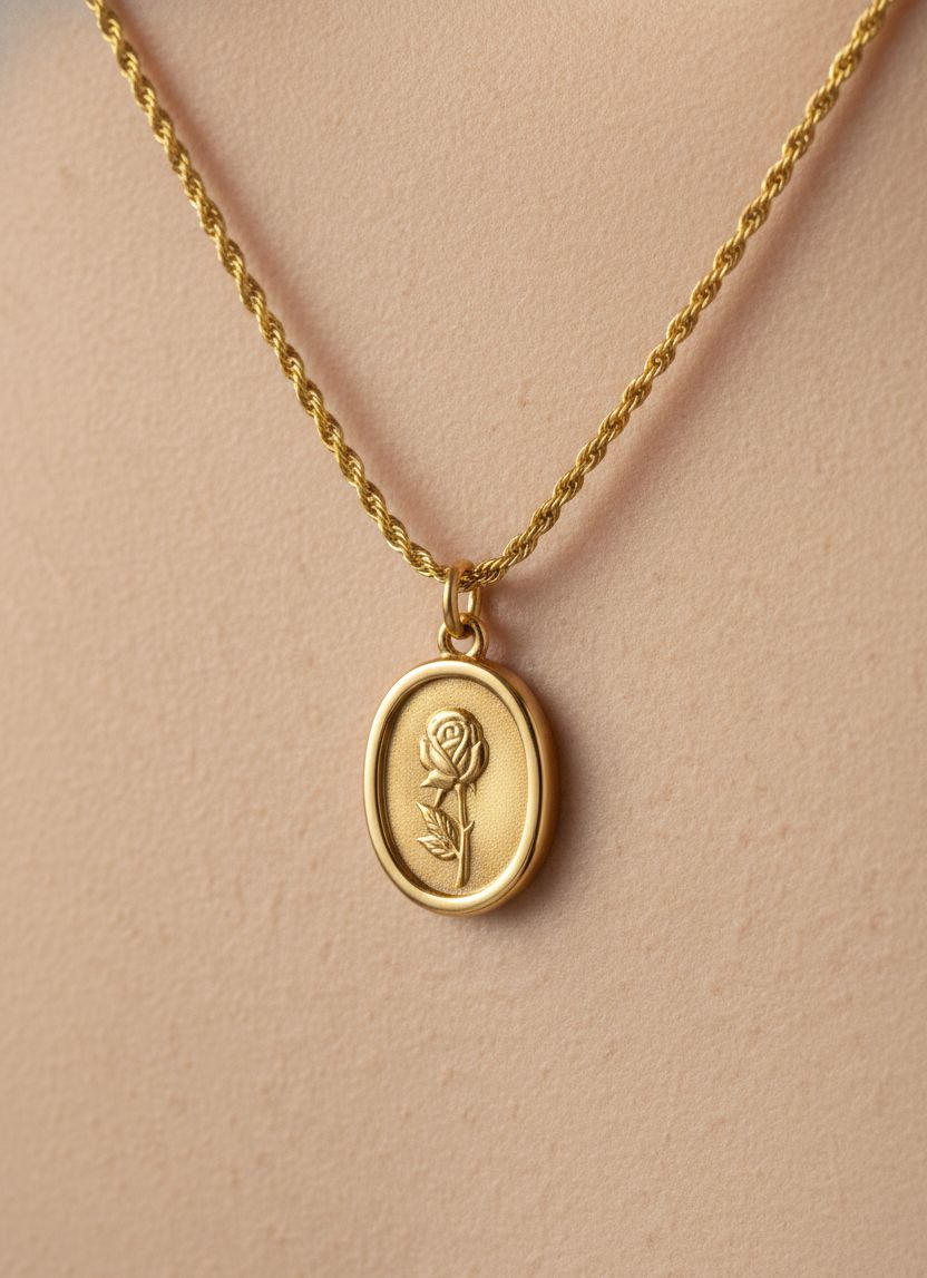 Golden Rose Oval Pendant Necklace – Stainless Steel