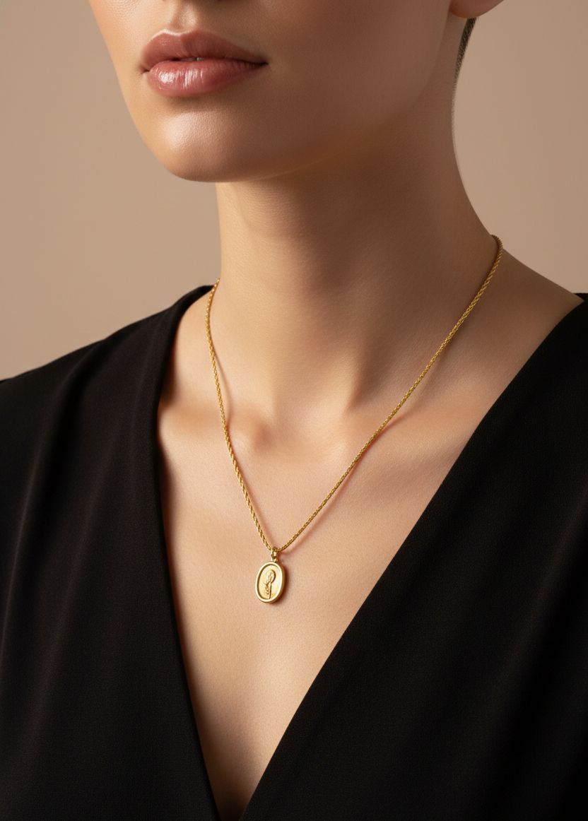 Golden Rose Oval Pendant Necklace – Stainless Steel