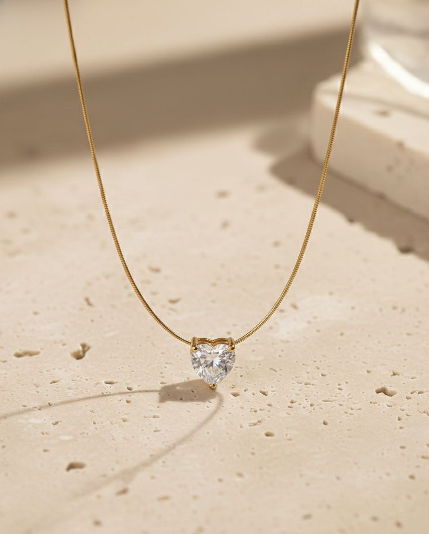 Golden Heart Gemstone Pendant Necklace – Stainless Steel