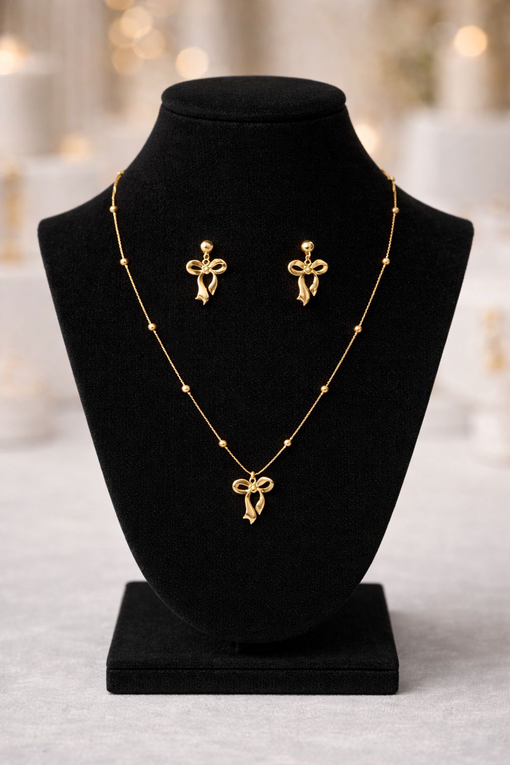 Golden Bow Pendant Necklace & Earrings Set – Stainless Steel