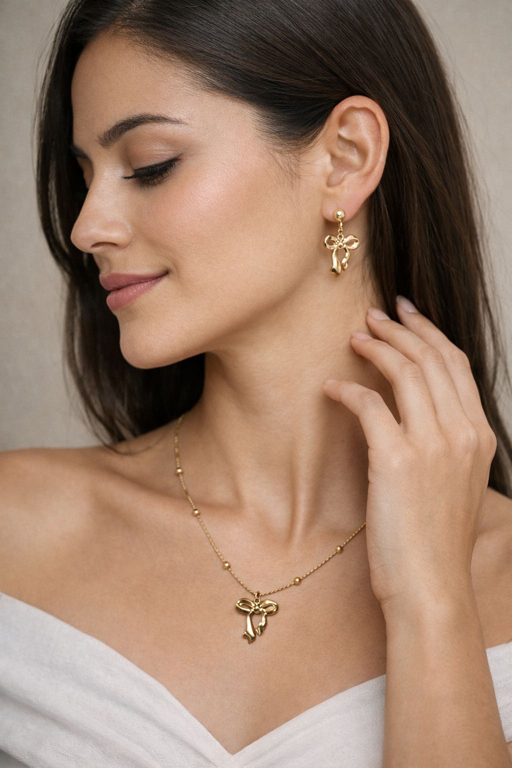 Golden Bow Pendant Necklace & Earrings Set – Stainless Steel