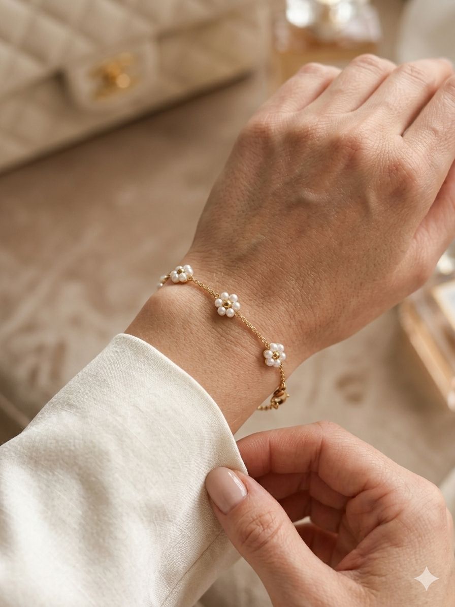 Anti Tarnish Stainless Steel Pearl Flower Chain Bracelet