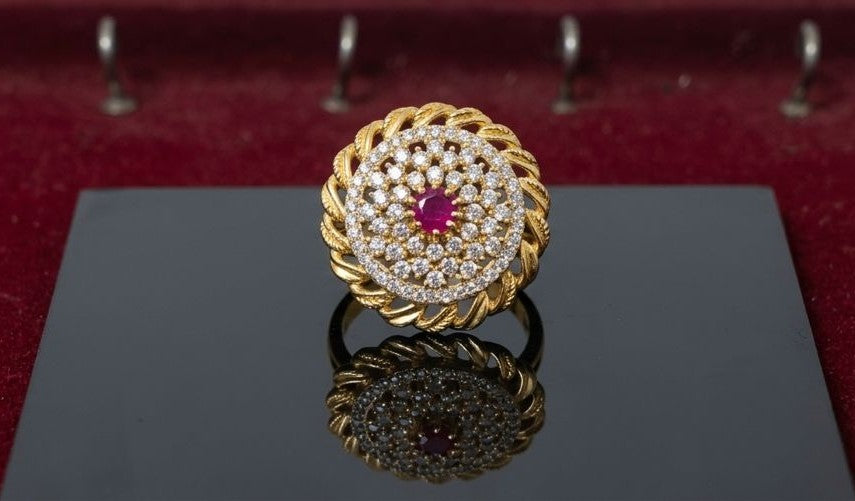 Golden Ruby Circular Statement Ring – Micro Plated