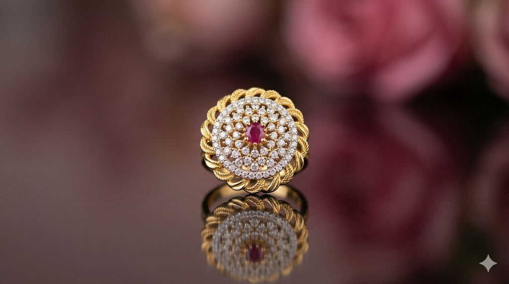 Golden Ruby Circular Statement Ring – Micro Plated
