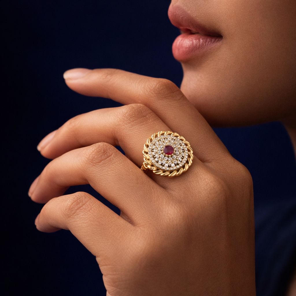 Golden Ruby Circular Statement Ring – Micro Plated