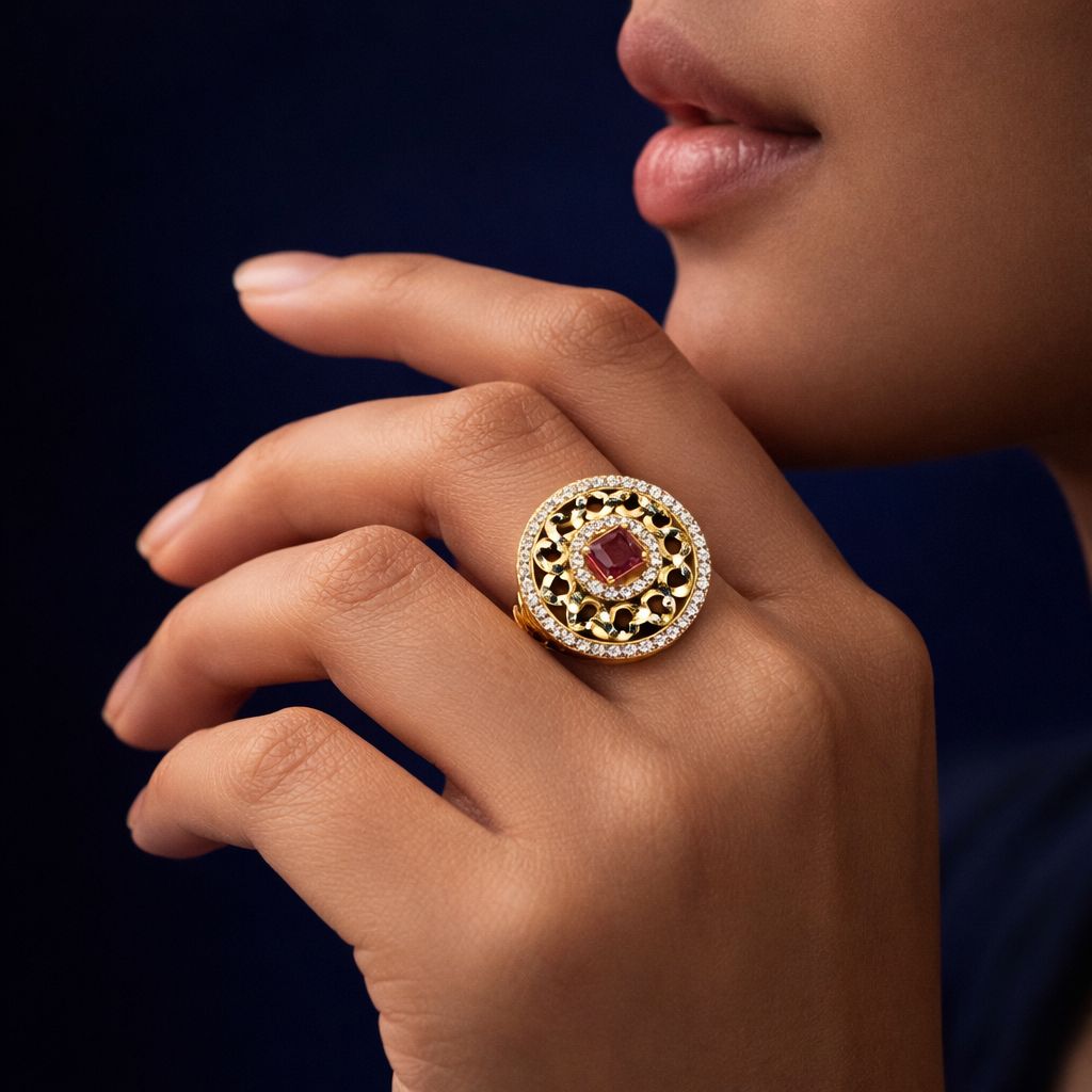Golden Ruby Floral Statement Ring – Micro Plated