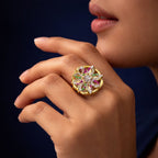 Golden Floral Gemstone Ring – Micro Plated