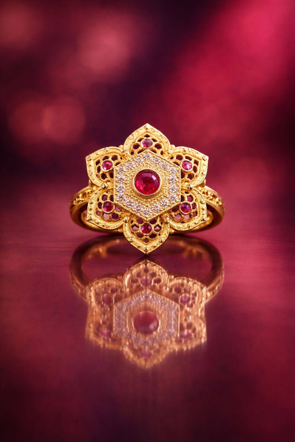 Golden Red Floral Gemstone Ring – Micro Plated