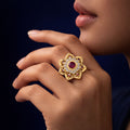 Golden Red Floral Gemstone Ring – Micro Plated