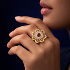 Golden Red Floral Gemstone Ring – Micro Plated