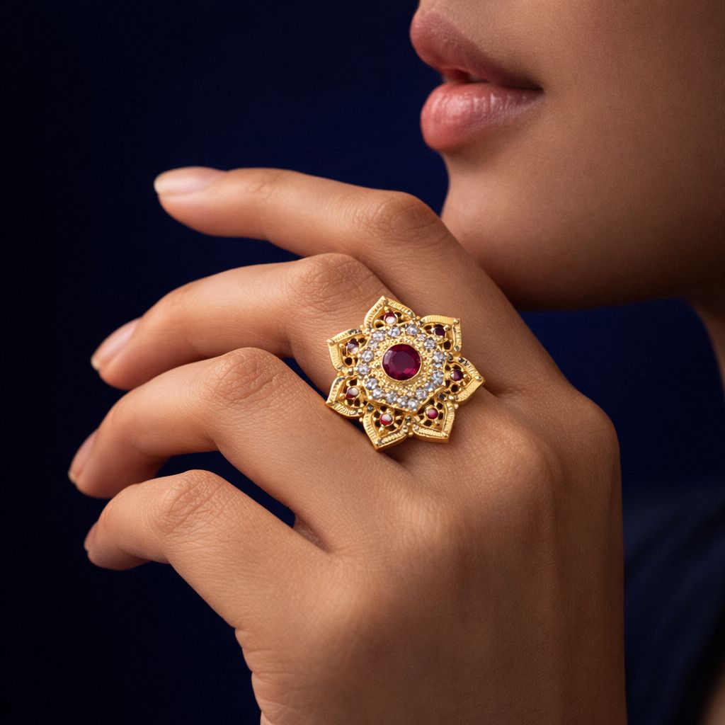 Golden Red Floral Gemstone Ring – Micro Plated