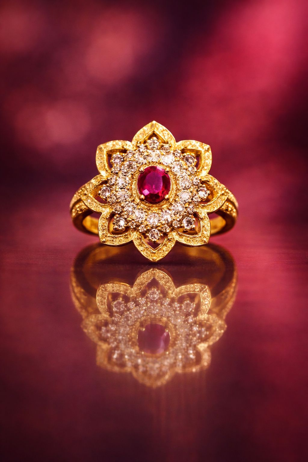 Golden Ruby Floral Gemstone Ring – Micro Plated